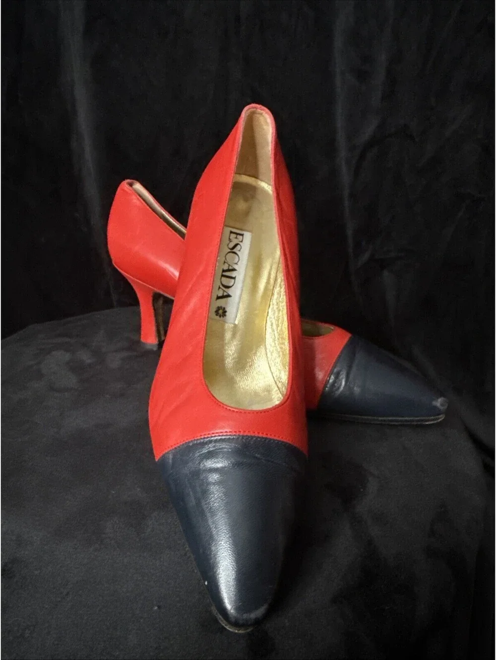 Vintage 80s 90s Escada Red Navy Pumps Heels 8 made in Italy